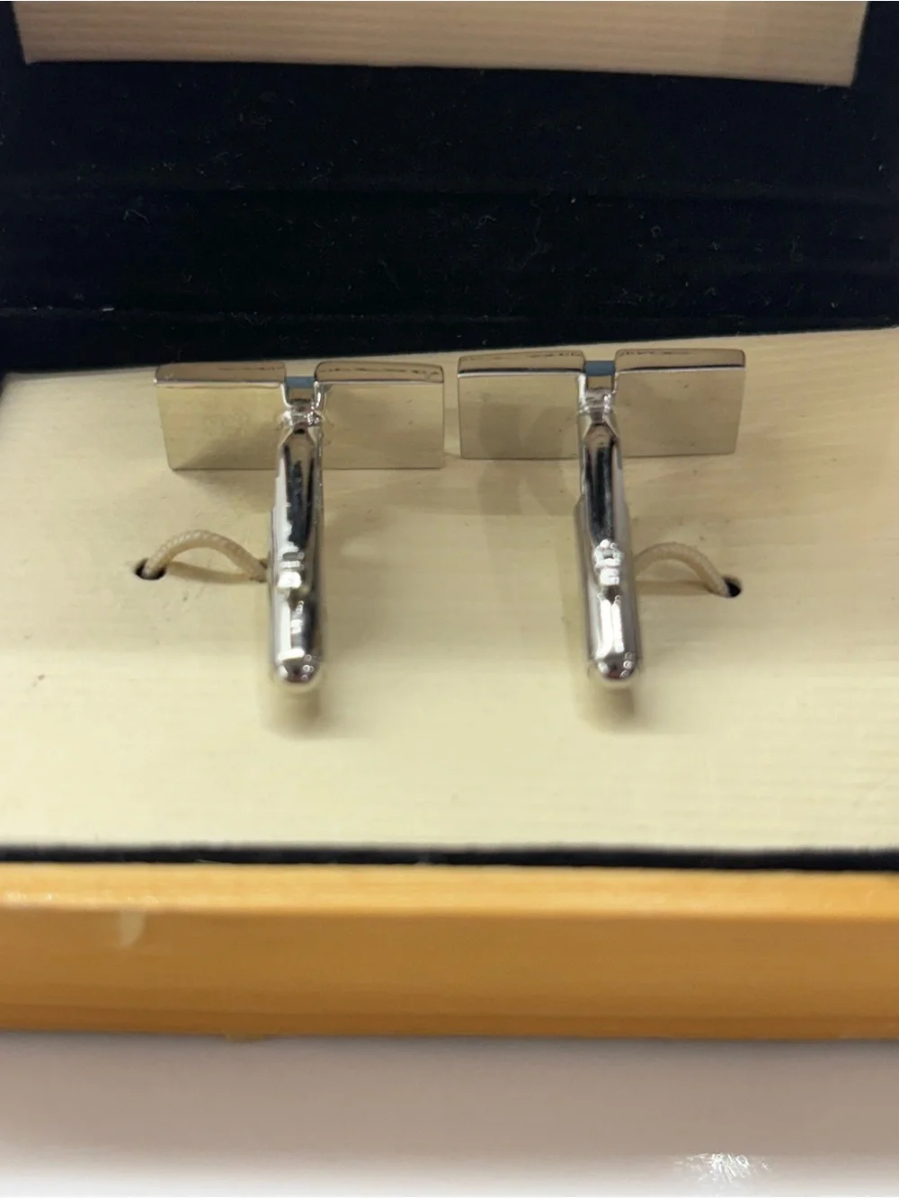 Geoffrey Beene Silver Tone Blue Inlay Rectangular Cufflinks w/ Wood Box